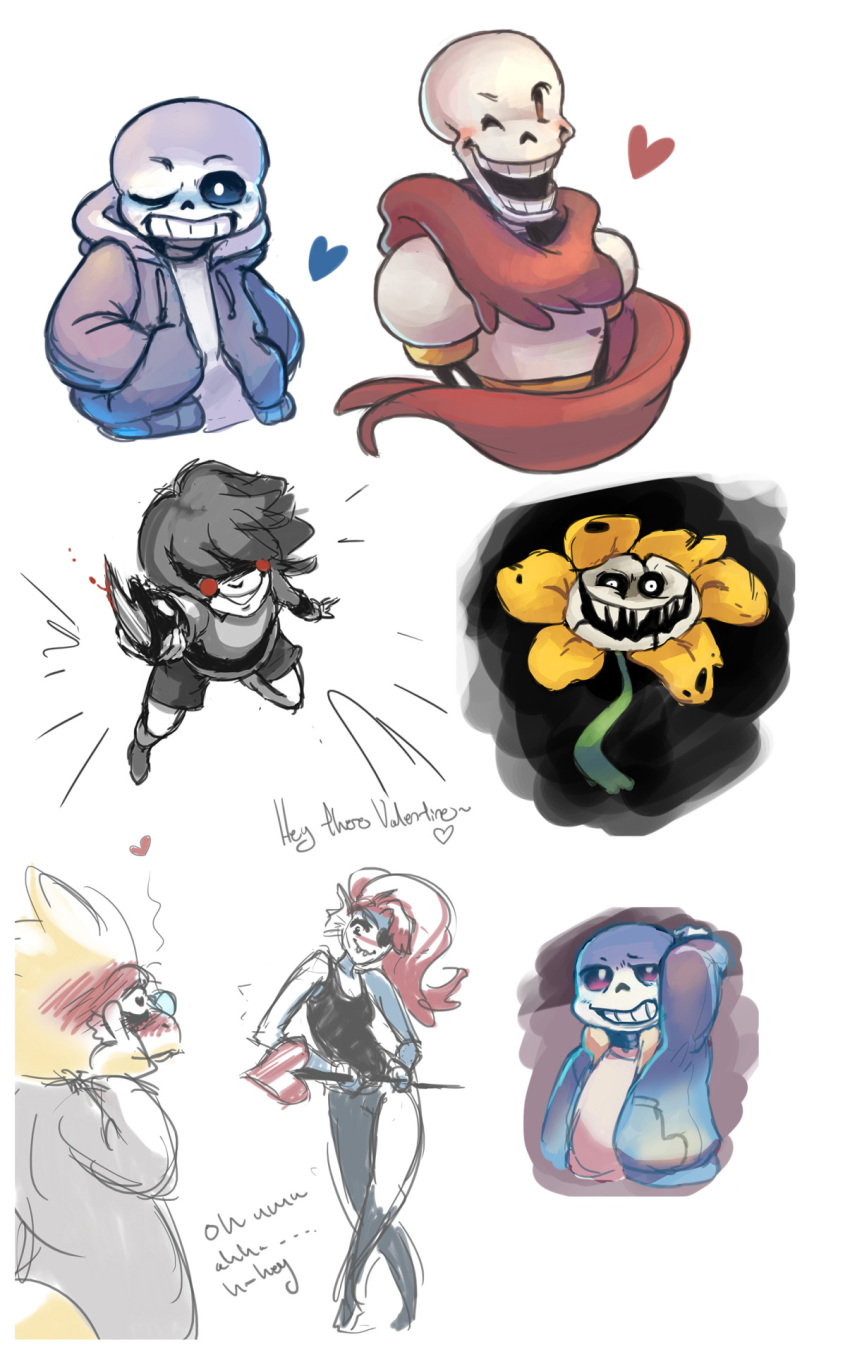1other, 2016, 2d, 2girls, 3boys, alphys, ambiguous_gender, animal_nose, anthro, arm_up, armor, black_eyepatch, black_sclera, black_shorts, black_tank_top, blue_jacket, blue_pants, blue_skin, brothers, brown_hair, buck_teeth, chara_(undertale), child, coat, colored_sclera, colored_skin, colored_teeth, commentary, creepy_smile, cropped_torso, digital_media, dinosaur, dinosaur_girl, ear_fins, english_commentary, eyepatch, female, fins, fish, fish_girl, flower, flowey_(undertale), full_body, gloves, hands_in_pockets, head_fins, heart, heart-shaped_pupils, high_ponytail, highres, holding, holding_polearm, holding_spear, holding_weapon, hollow_eyes, hood, hood_down, hooded_jacket, horizontal-striped_clothes, human, humanoid, jacket, kerstin_edin, lab_coat, lizard, lizard_girl, lizard_tail, long_hair, long_sleeves, looking_at_viewer, lovestruck, male, monster, monster_boy, monster_girl, multiple_boys, multiple_girls, one_eye_closed, open_clothes, open_jacket, pants, papyrus_(undertale), plant, polearm, ponytail, red_gloves, red_hair, red_scarf, reptile, reptile_girl, reptile_tail, sans_(undertale), scalie, scarf, sharp_teeth, shirt, shoes, short_hair, shorts, siblings, simple_background, single_horizontal_stripe, single_vertical_stripe, skeleton, sketch, slit_pupils, smile, socks, spear, standing, striped_clothes, striped_shirt, striped_shorts, symbol-shaped_pupils, tail, tank_top, teeth, two-tone_shirt, undead, undertale, undyne, utdr_(toby_fox), vertical-striped_clothes, vertical-striped_shorts, weapon, white_armor, white_background, white_coat, white_eyes, white_shirt, white_stripes, yellow_flower, yellow_sclera, yellow_skin, yellow_teeth, yuri