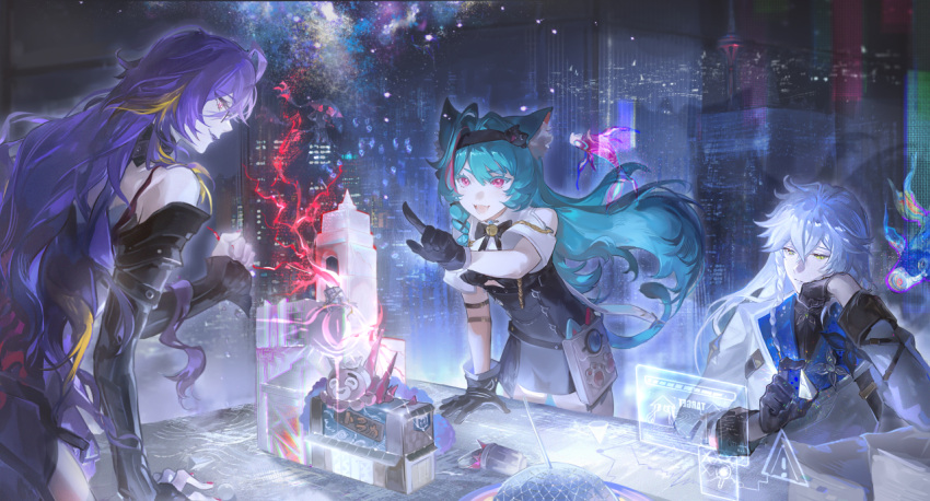 1boy, 2girls, animal_ear_fluff, animal_ears, aqua_hair, black_gloves, blonde_hair, breasts, cat_ears, cat_tail, chinese_commentary, city, city_lights, cityscape, clothing_cutout, commentary_request, fadia_(neverness_to_everness), gloves, indoors, komeokun, large_breasts, long_hair, mint_(neverness_to_everness), multicolored_hair, multiple_girls, neverness_to_everness, night, pink_eyes, purple_hair, purple_lips, reflection, shrug_(clothing), split-color_hair, streaked_hair, tail, underboob_cutout, white_shrug