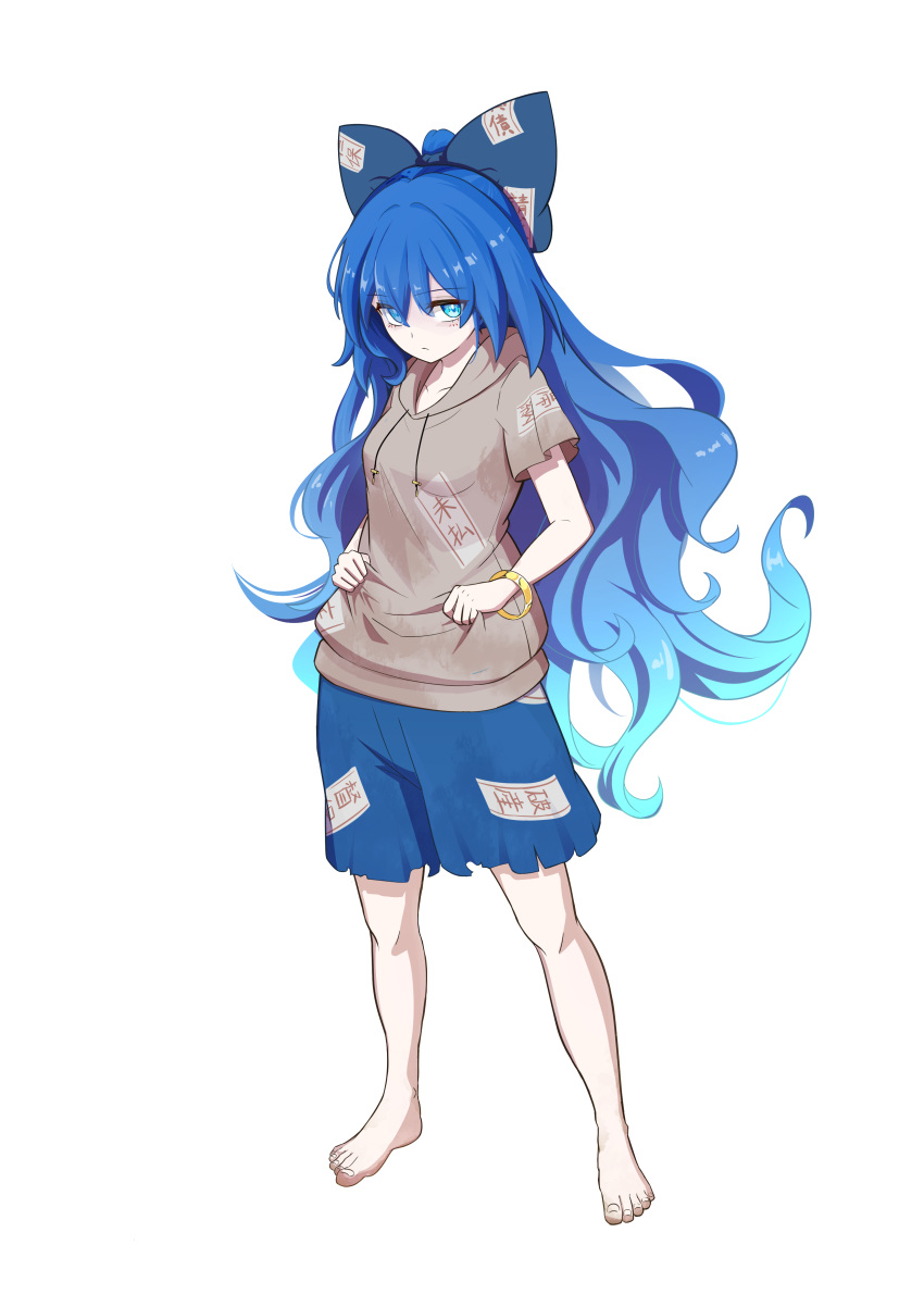 1girl, absurdres, bangle, barefoot, blue_bow, blue_eyes, blue_hair, blue_skirt