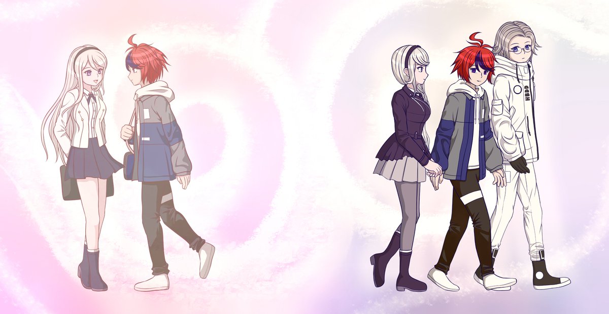 2boys, 2girls, ahoge, aotsuki_eito, blue_eyes, boots, coat, commentary, couple, english_commentary, from_side, glasses, gradient_background, hairband, holding_hands, hood, hoodie, jacket, kashimiya_karua, kirifuji_nozomi, long_hair, multiple_boys, multiple_girls, ninimelody312, past_and_present, pink_background, pleated_skirt, red_hair, school_uniform, shoes, simple_background, skirt, sneakers, sumino_takumi, the_hundred_line_-last_defense_academy-, thigh-highs, violet_eyes, walking, white_hair