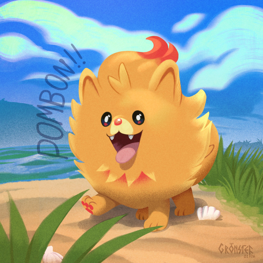 artist_name, character_name, dated, english_commentary, fangs, grass, gronstef, highres, looking_to_the_side, no_humans, ocean, open_mouth, orange_fur, pawpads, pokemon, pokemon_(creature), pokemon_winds_and_waves, pokemon_ww, pombon, seashell, shell, smile, solo, tongue, tongue_out