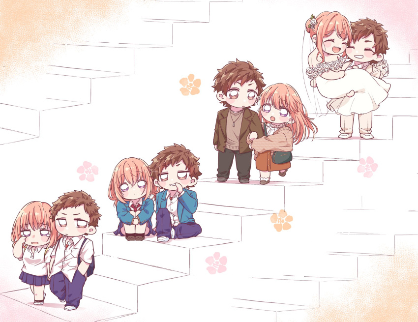 1boy, 1girl, blazer, blush, brown_eyes, brown_hair, chi17_hero, collared_shirt