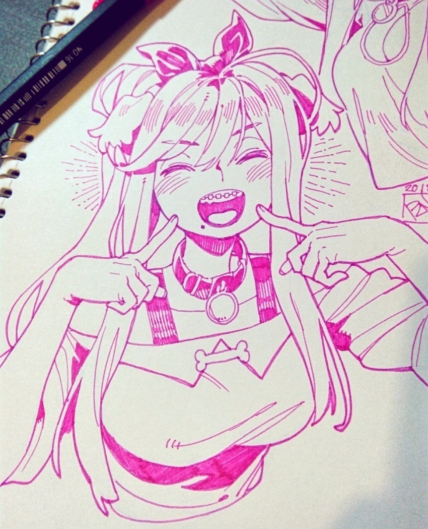 1girl, animal_collar, animal_ears, artist_logo, blush, bone_print, bow, braces, breasts, closed_eyes, collar, commentary, cropped_torso, dated, dog_ears, dog_girl, english_commentary, facing_viewer, fingers_to_cheeks, hair_bow, hands_up, highres, large_breasts, logo, long_hair, mariko_(poch4n), marker_(medium), mole, mole_under_mouth, multiple_views, off-shoulder_shirt, off_shoulder, open_mouth, original, paper_background, photo_(medium), poch4n, shirt, short_sleeves, sidelocks, sketch, spot_color, teeth, tongue, traditional_media, upper_teeth_only