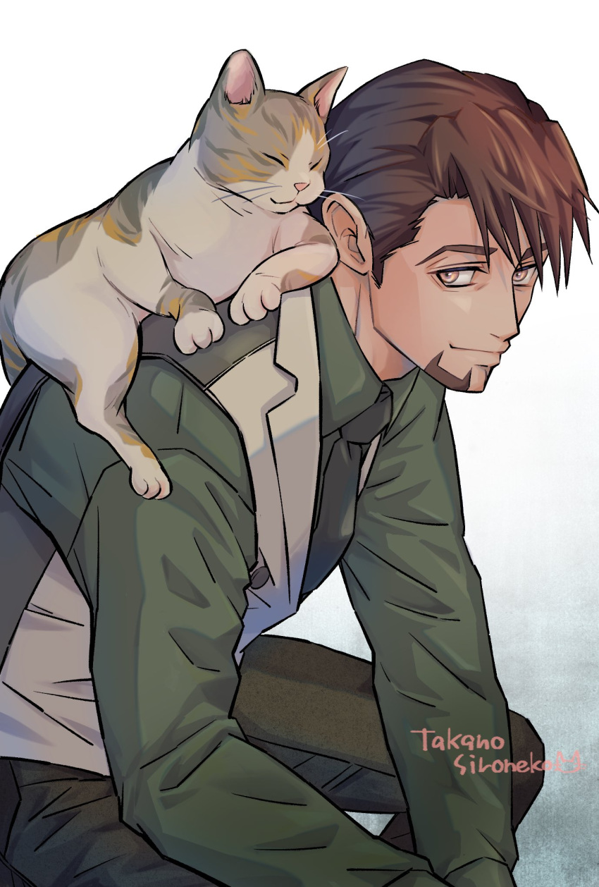 1boy, animal, animal_on_shoulder, artist_name, brown_hair, cat, cat_on_shoulder, closed_mouth