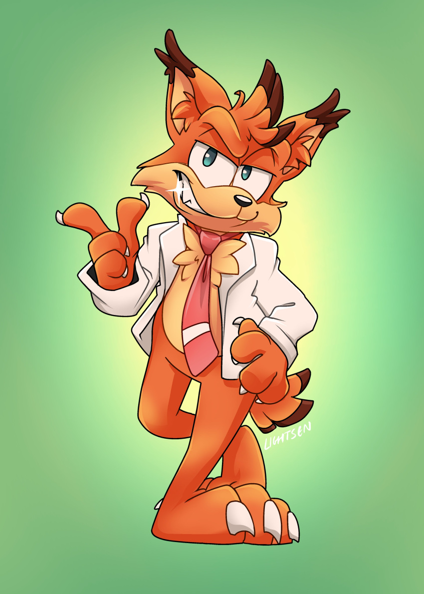 1boy, absurdres, animal_ears, bobcat, brown_fur, bubsy, bubsy_(series), cat_boy, cat_ears, cat_tail, claws, colored_tips, diffraction_spikes, english_commentary, furry, furry_male, green_background, grin, hand_on_own_hip, highres, lightsen, looking_at_viewer, male_focus, multicolored_hair, necktie, red_necktie, smile, suit, tail, white_suit