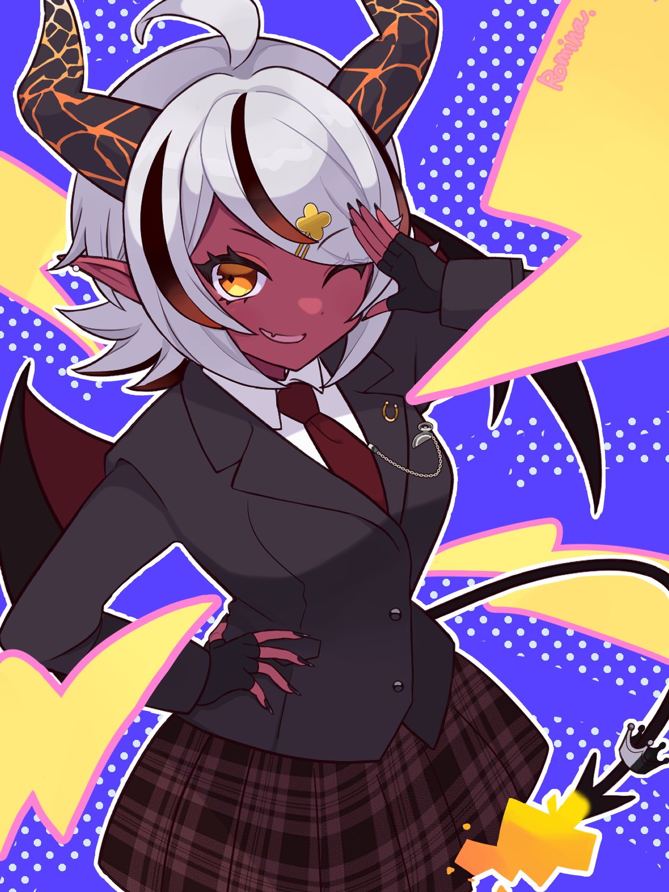ahoge, black_nails, blazer, colored_skin, crown, demon_girl, demon_tail, demon_wings