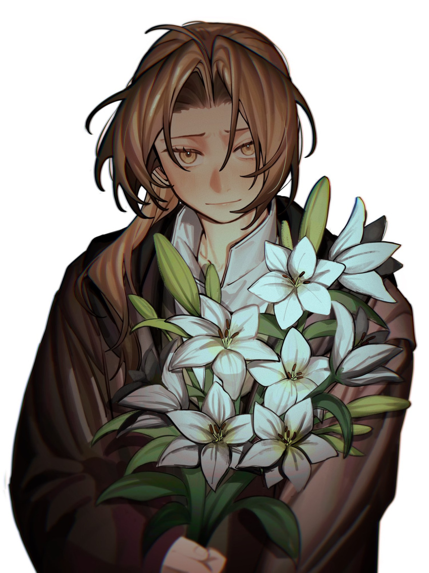 1boy, black_coat, blonde_hair, bouquet, closed_mouth, coat, collared_shirt, commentary