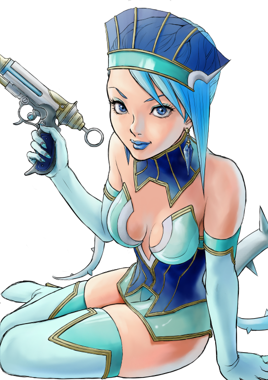 bad_id, bare_shoulders, bibirii, blue_eyes, blue_hair, blue_rose_(tiger_&amp;_bunny), boots, breasts
