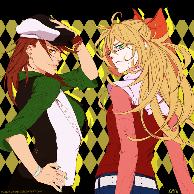 2girls, almateria, argyle, argyle_background, barnaby_brooks_jr, blonde_hair, bow, bracelet