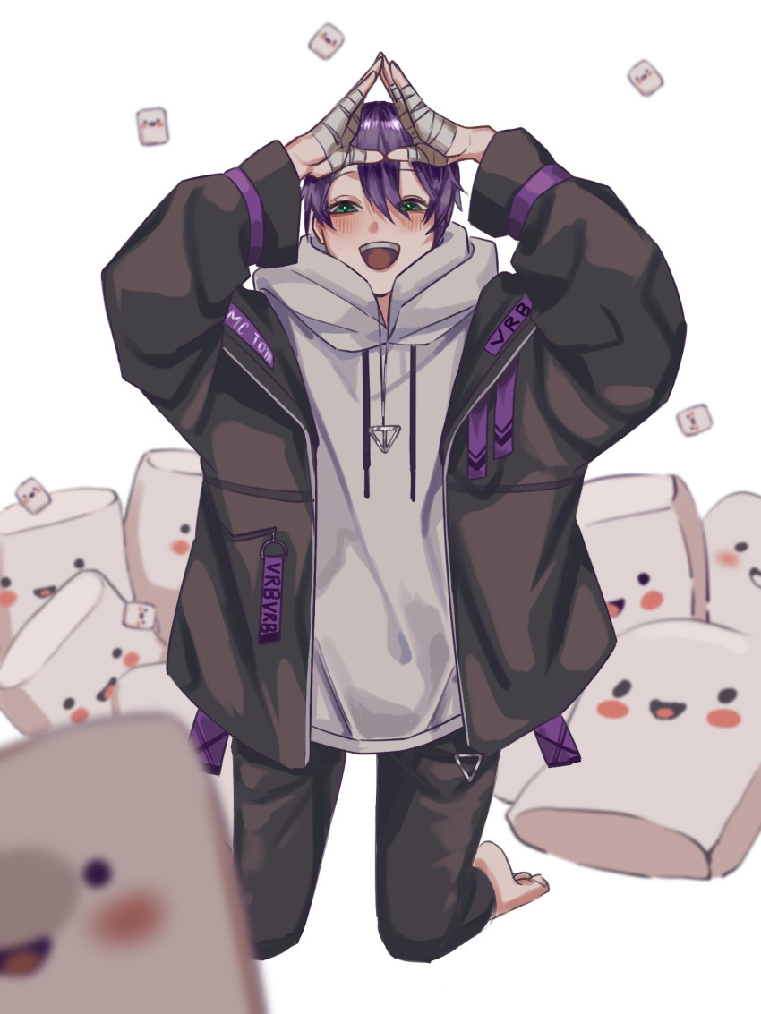 1boy, arms_up, bandaged_hand, bandages, barefoot, black_jacket, black_pants, blue_hair