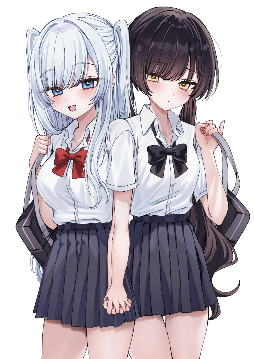 2girls, absurdres, black_bow, black_hair, blue_eyes, blush, bow, bowtie