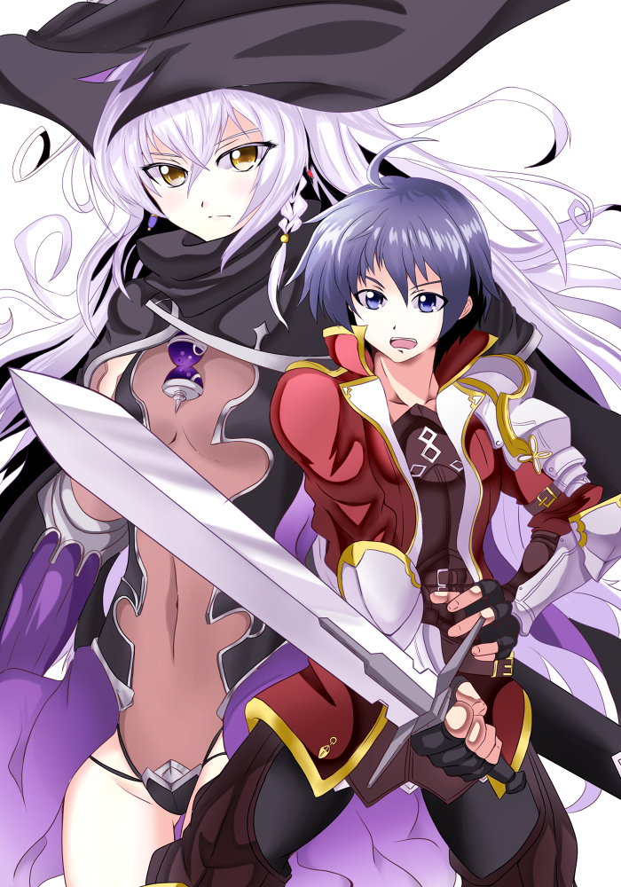 1boy, 1girl, alto_(stella_glow), commentary_request, copyright_request, hilda_(stella_glow), holding, holding_sword