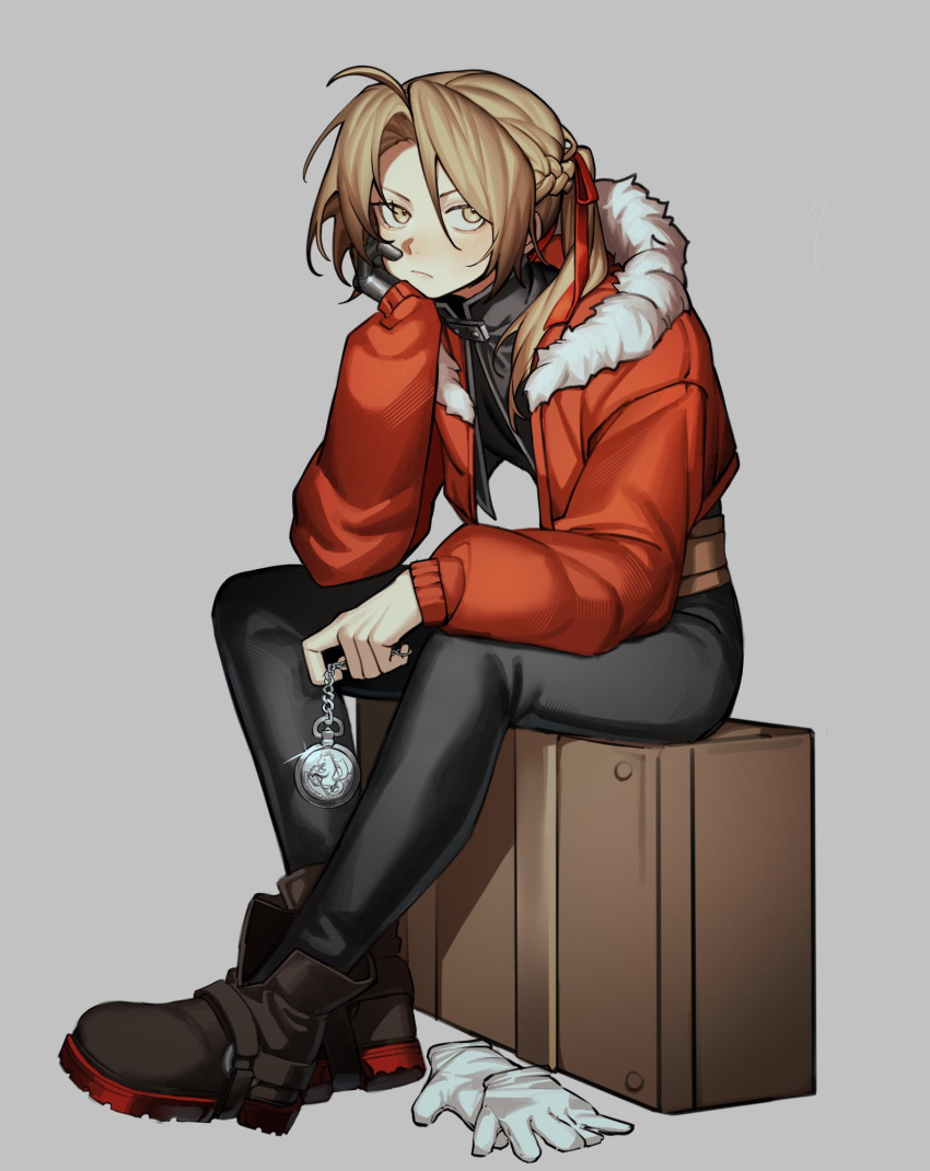 1boy, :/, black_boots, black_pants, black_shirt, blonde_hair, boots, braid