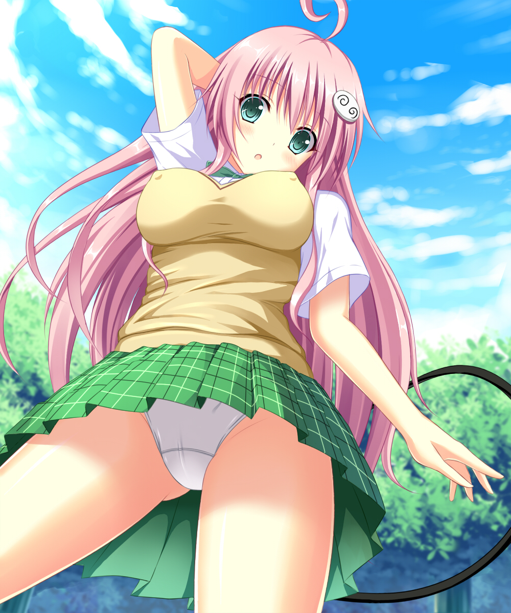 arm_up, blush, breasts, cloud, erect_nipples, from_below, green_eyes, hair_ornament