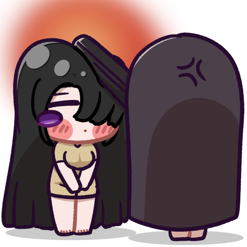 2girls, alternate_costume, anger_vein, azazel_(last_origin), black_hair, blush_stickers, chibi, chibi_only