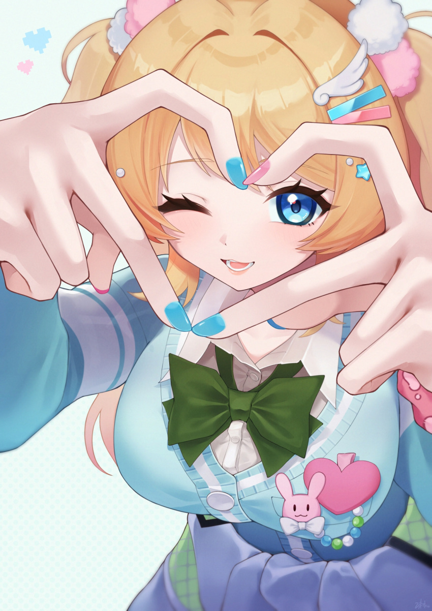 1girl, aqua_cardigan, blonde_hair, blue_eyes, blue_nails, bow, bowtie, breasts