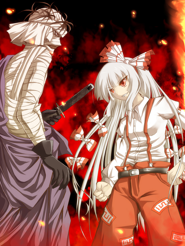 bandage, bandages, belt, black_gloves, bow, brown_eyes, brown_hair, crossover, fire, fujiwara_no_mokou, gloves, hair_bow, hair_ornament, long_hair, red_eyes, ringo_samurai, rurouni_kenshin, shishio_makoto, silver_hair, suspenders, sword, touhou, weapon