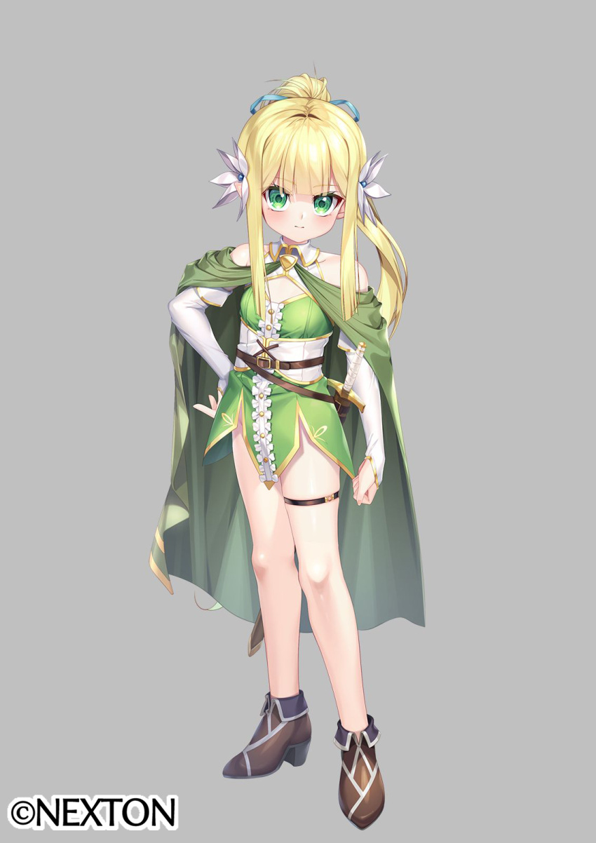 1girl, blonde_hair, blush, boots, bridal_gauntlets, cloak, commentary_request, dress