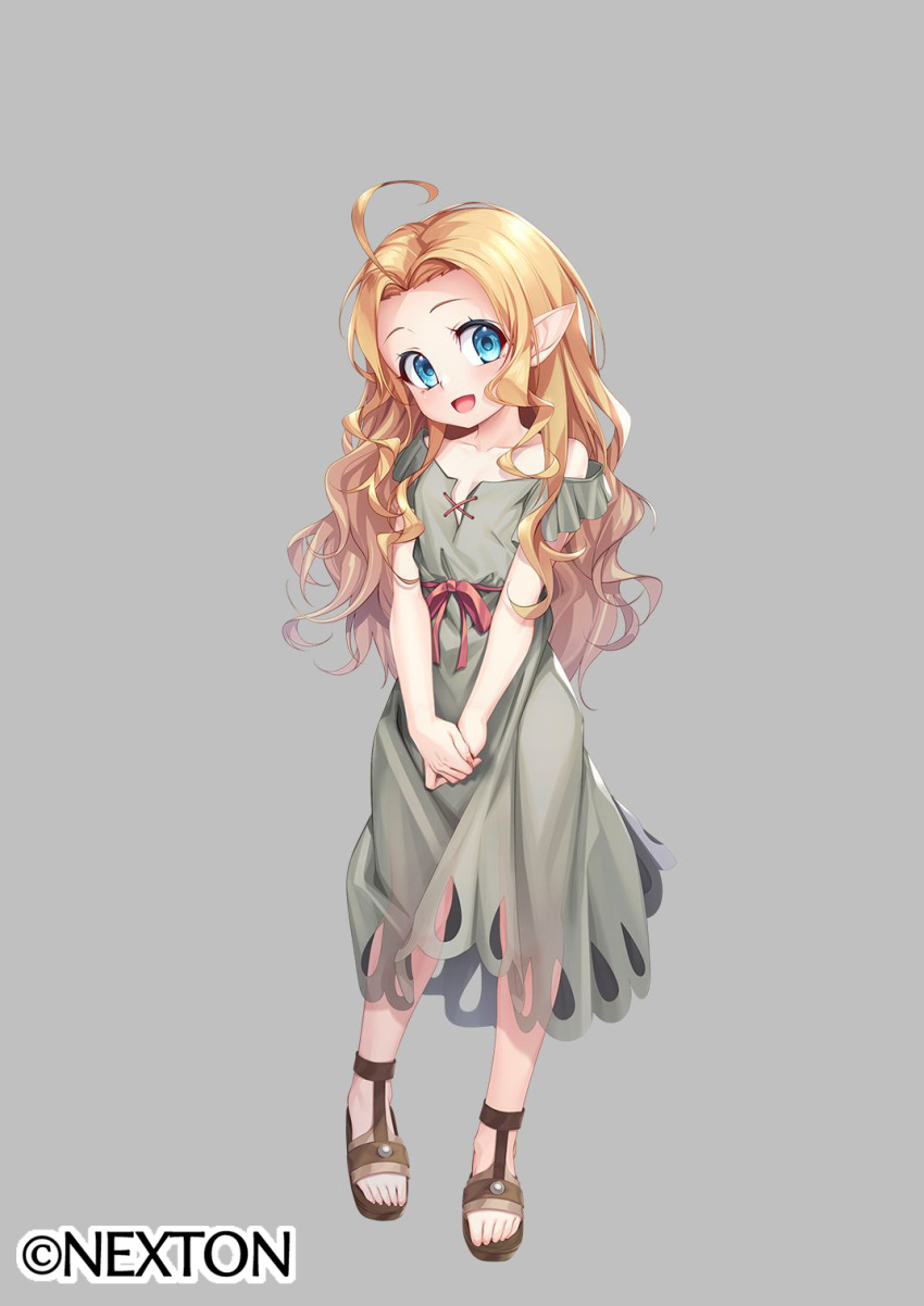 1girl, blonde_hair, blue_eyes, commentary_request, dress, elf, flat_chest, full_body