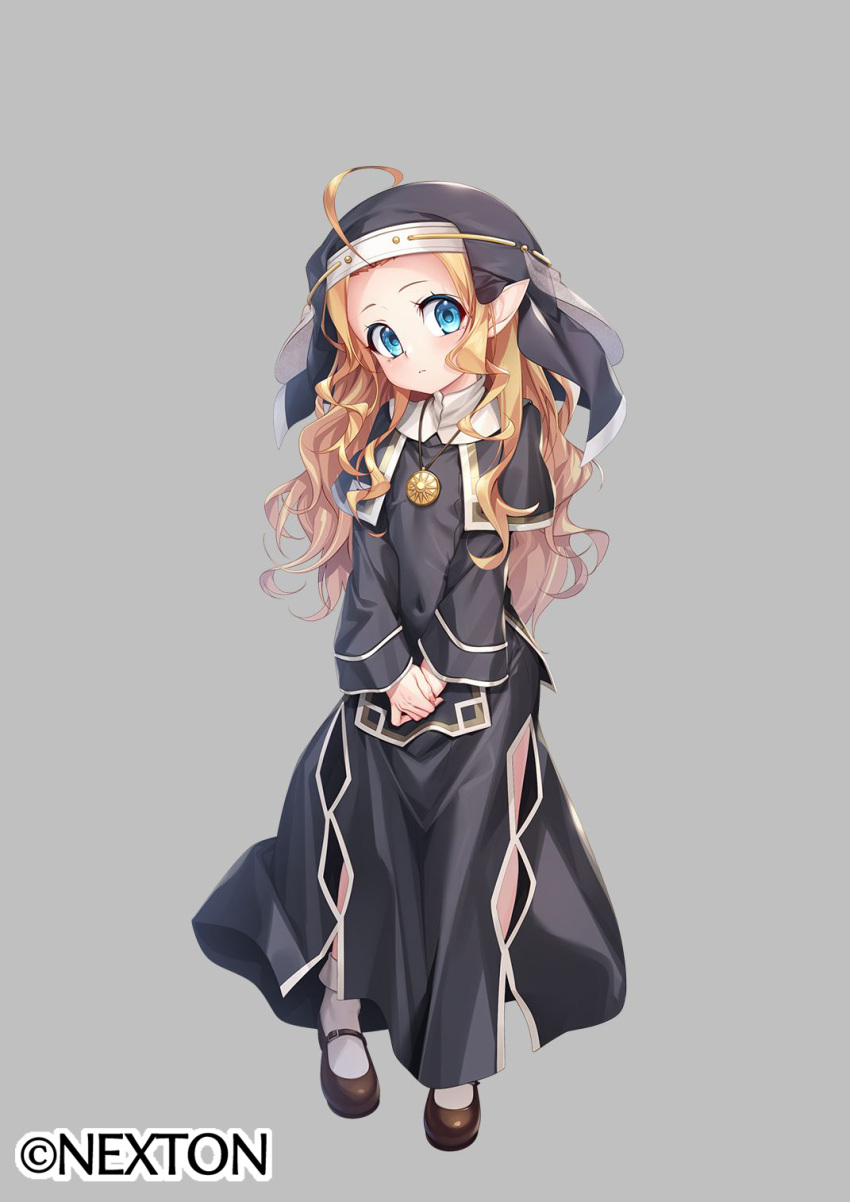 1girl, blonde_hair, blue_eyes, blush, commentary_request, dress, elf, expressionless