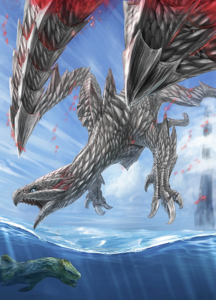 absurdres, blue_eyes, claws, commentary_request, dragon, dragon_wings, flying, glowing