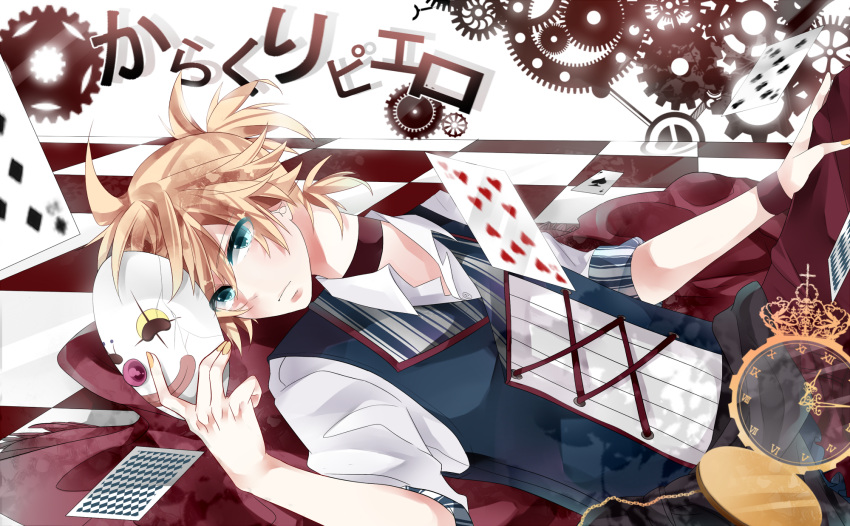 alternate_costume, blonde_hair, blue_eyes, card, cards, checkered, checkered_floor, choker, clock, clockwork, clown, clown_nose, comaco, falling_card, fingernails, heart, highres, kagamine_len, karakuri_pierrot_(vocaloid), lying, lying_card, male, mask, nail_polish, on_back, playing_card, pocket_watch, ponytail, rug, smile, solo, tears, vest, vocaloid, watch, wristband