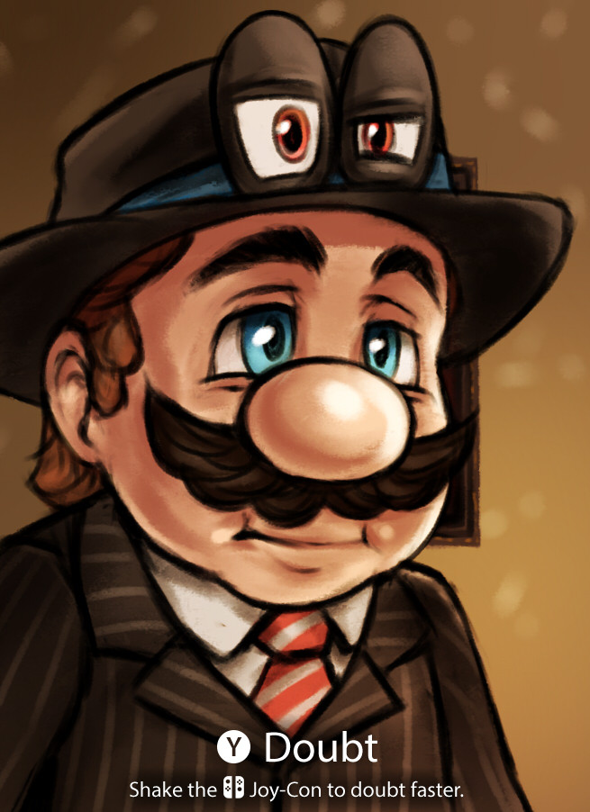 alternate_costume, black_hat, blue_eyes, brown_hair, cappy_(mario), facial_hair, gameplay_mechanics, hat