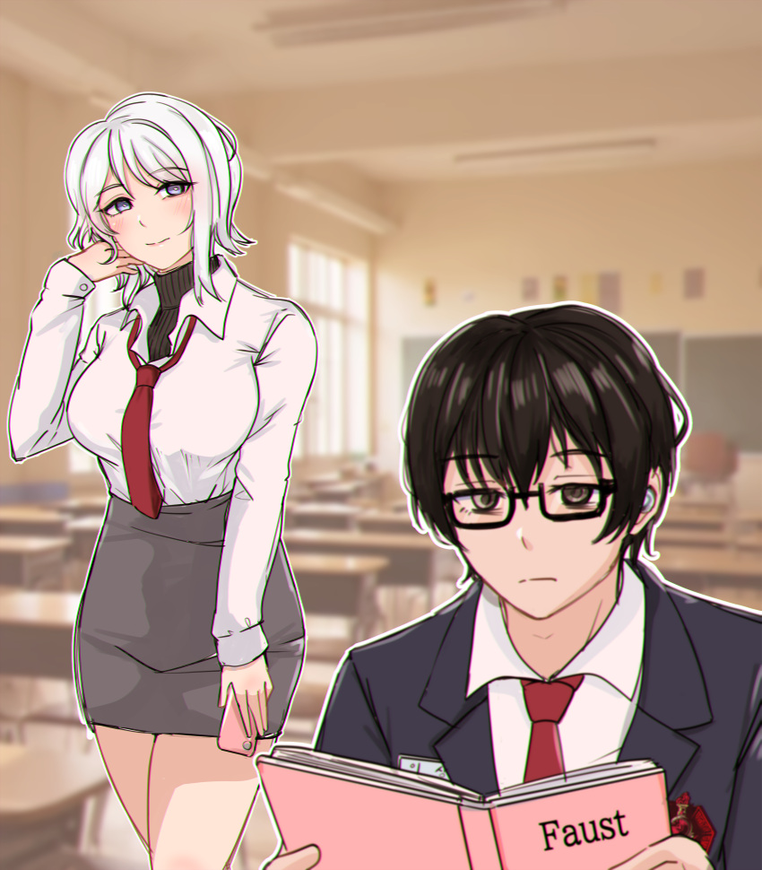 1boy, 1girl, absurdres, black_ey, black_hair, blue_eyes, blush, breasts