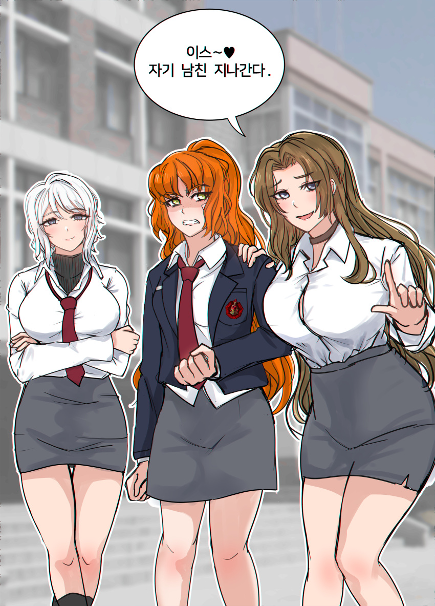 3girls, absurdres, bare_legs, blue_eyes, breasts, brown_hair, bursting_breasts, choker