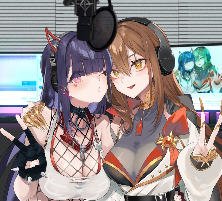 2girls, akuma_nihmune, bra, breasts, brown_eyes, brown_hair, coat, commentary