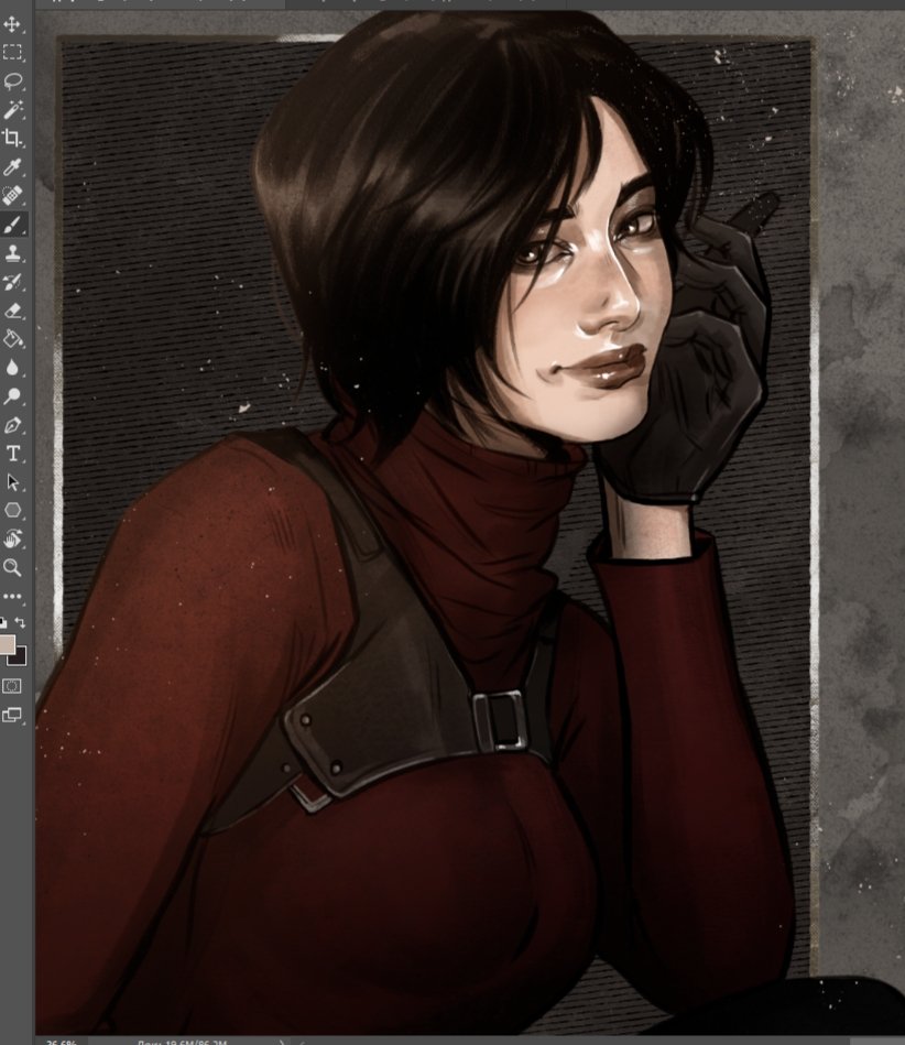 1girl, ada_wong, aegyo_sal, art_program_in_frame, black_gloves, black_hair, bob_cut, brown_eyes