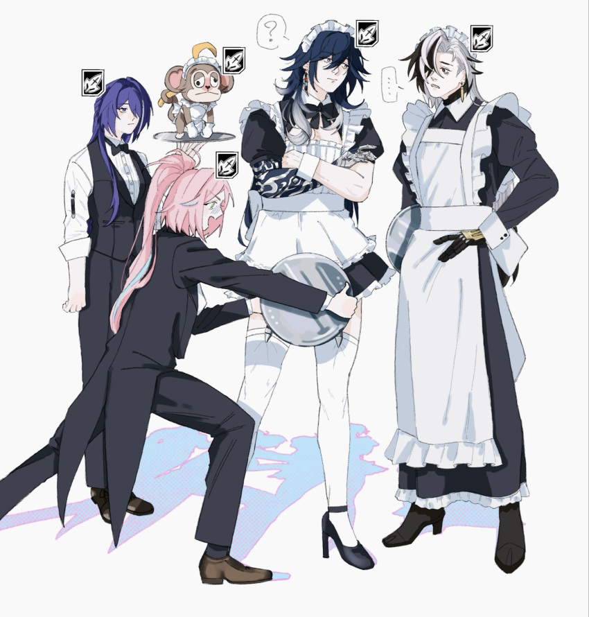2boys, 2girls, ?, acheron_(honkai:_star_rail), alternate_costume, animal, apron, ashveil_(honkai:_star_rail)