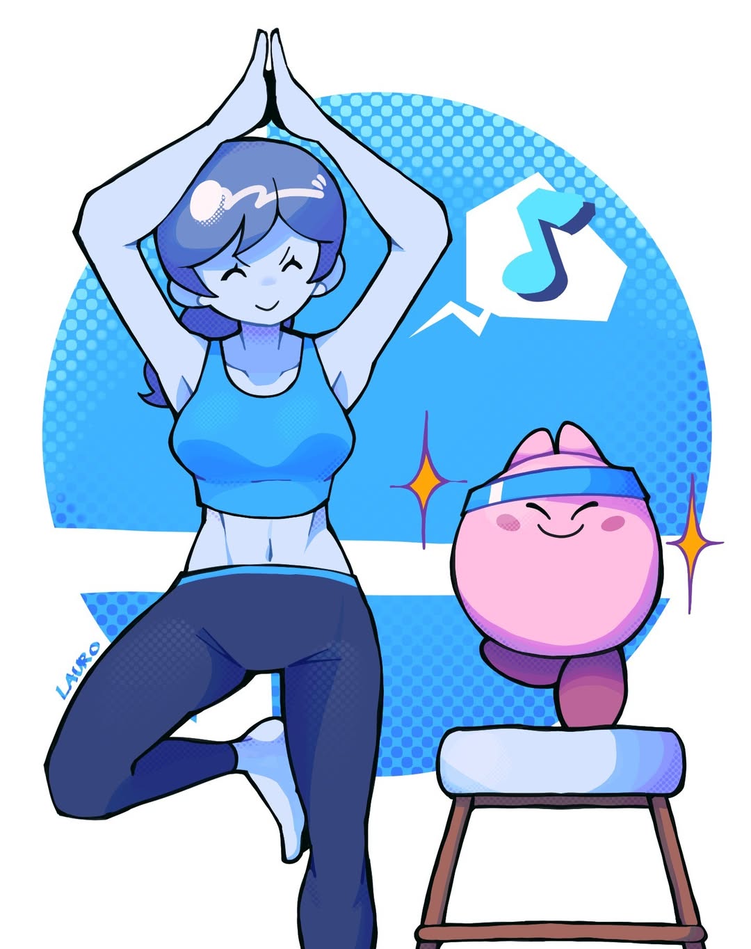 1girl, ^_^, armpits, arms_up, black_pants, blue_hair, blue_headband, blue_skin, blue_sports_bra, blue_tank_top, blush_stickers, breasts, closed_eyes, closed_mouth, colored_skin, crop_top, crossover, eighth_note, headband, highres, in-franchise_crossover, kirby, kirby_(series), leg_up, leggings, long_hair, medium_breasts, midriff, musical_note, navel, own_hands_together, pants, pb_lauro, ponytail, smile, socks, sparkle, speech_bubble, spoken_musical_note, sports_bra, standing, standing_on_one_leg, stool, super_smash_bros., tank_top, white_skin, wii_fit, wii_fit_trainer_(female), yoga_pants
