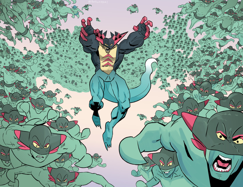 1boy, absurdres, alternate_color, angry, anthonylegua1, aqua_skin, arms_up, clenched_teeth