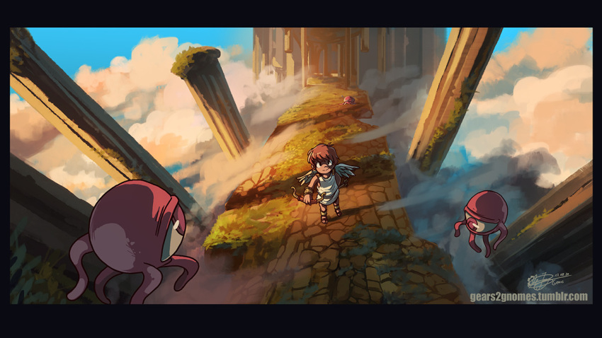 1boy, 3others, above_clouds, angel, angel_wings, bow_(weapon), brown_hair, clouds