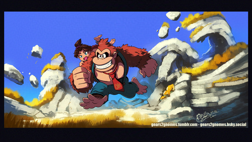 1boy, 1girl, barefoot, blue_pants, blue_sky, brown_hair, donkey_kong, donkey_kong_(series)