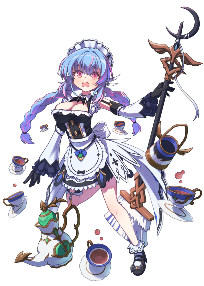 1girl, apron, blue_hair, breasts, broom, commentary_request, cup, detached_sleeves, french_braided_twintails, gloves, hibun_tsukasa, highres, large_breasts, long_hair, maid, multicolored_hair, phoebe_(starward), pink_eyes, pink_streaks, solo, starward, streaked_hair, teacup, twintails