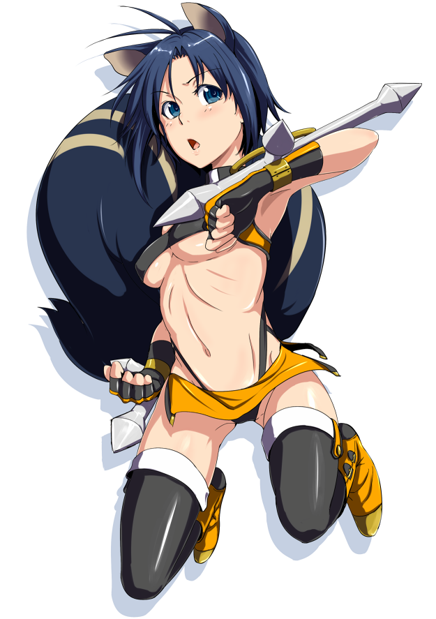ahoge, animal_ears, black_hair, blazblue, breasts, clearite, cosplay, crossover, idolmaster, idolmaster_2, kikuchi_makoto, makoto_nanaya, makoto_nanaya_(cosplay), midriff, miniskirt, namesake, panties, skirt, solo, squirrel_ears, squirrel_tail, tail, thigh-highs, thighhighs, tonfa, under_boob, underboob, underwear, weapon