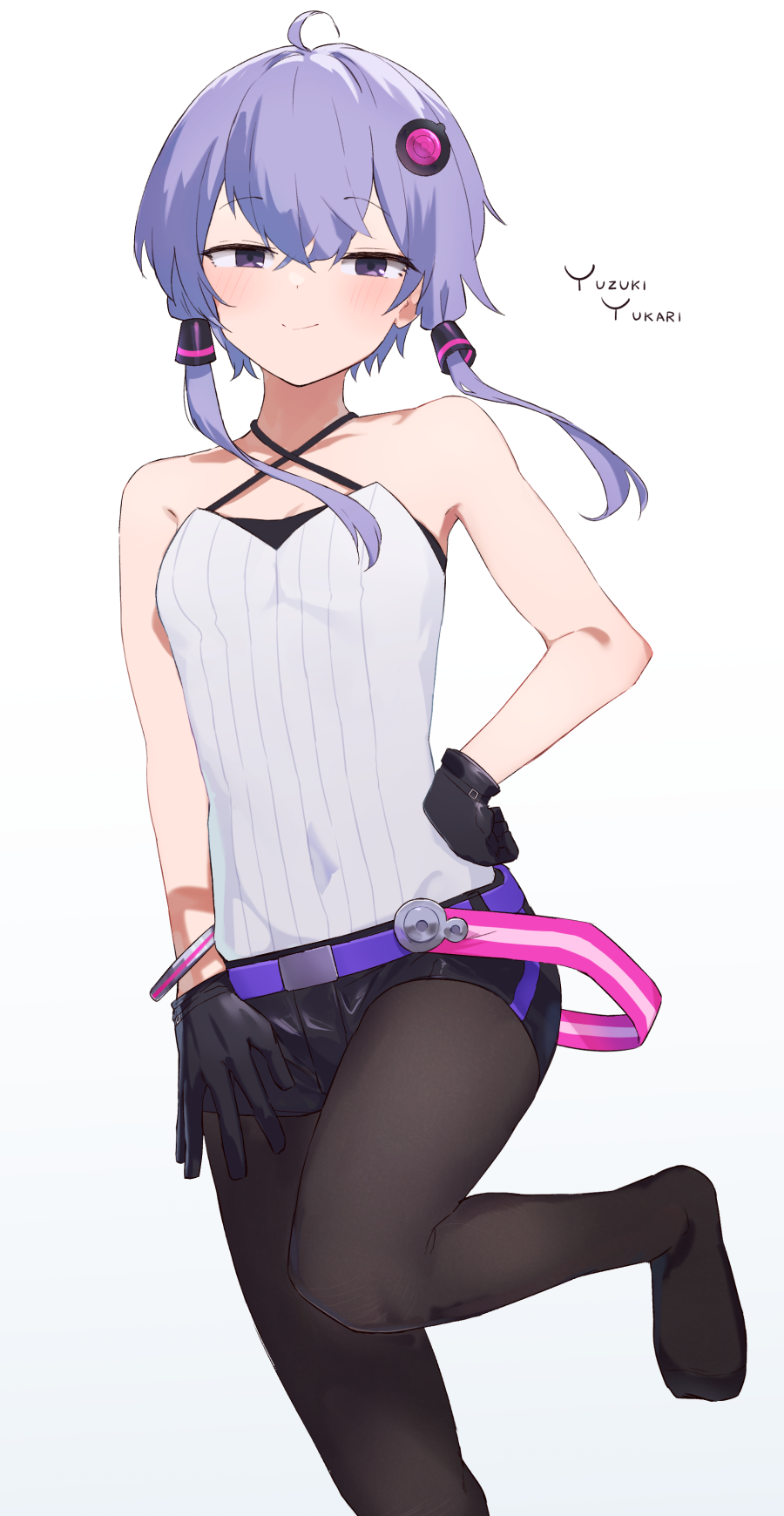1girl, a.i._voice, ahoge, belt, black_gloves, black_pantyhose, black_shorts, closed_mouth
