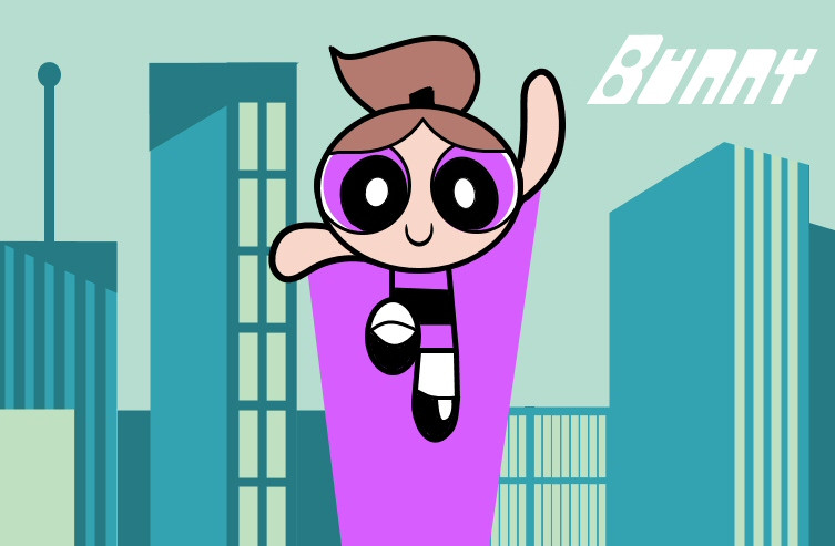 1girl, arm_up, black_shoes, brown_hair, bunny_(ppg), child, city, commentary