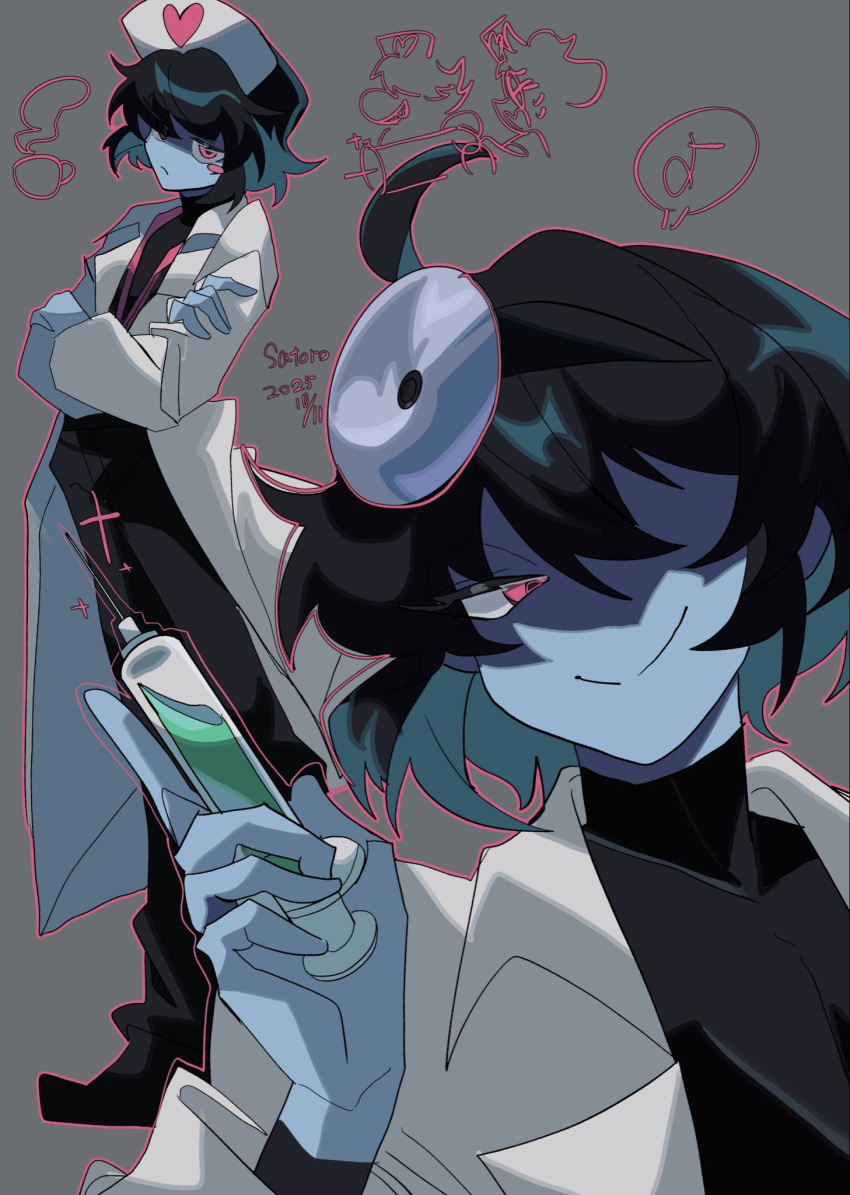 1other, black_hair, blue_skin, blush, coat, colored_skin, deltarune, doctor