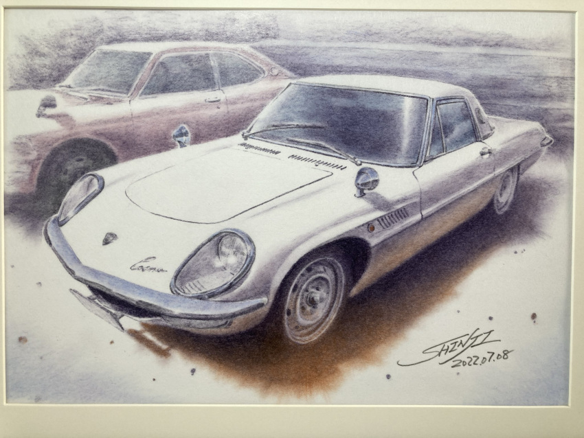 car, colored_pencil_(medium), commentary_request, dated, highres, mazda, mazda_cosmo, motor_vehicle