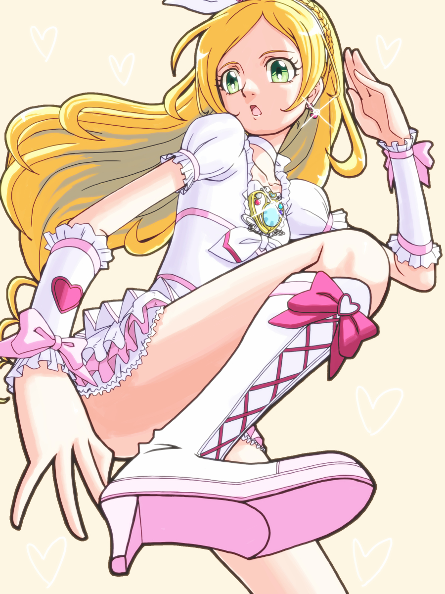 blonde_hair, boots, braid, brooch, choker, cure_rhythm, earrings, frills