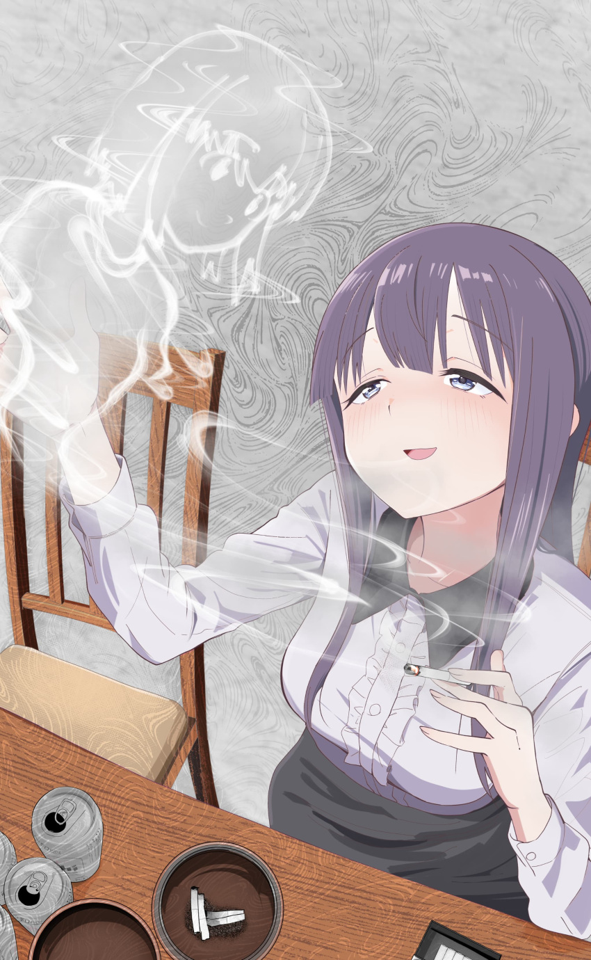 1girl, absurdres, beer_can, blue_eyes, blue_hair, blush, can, chair
