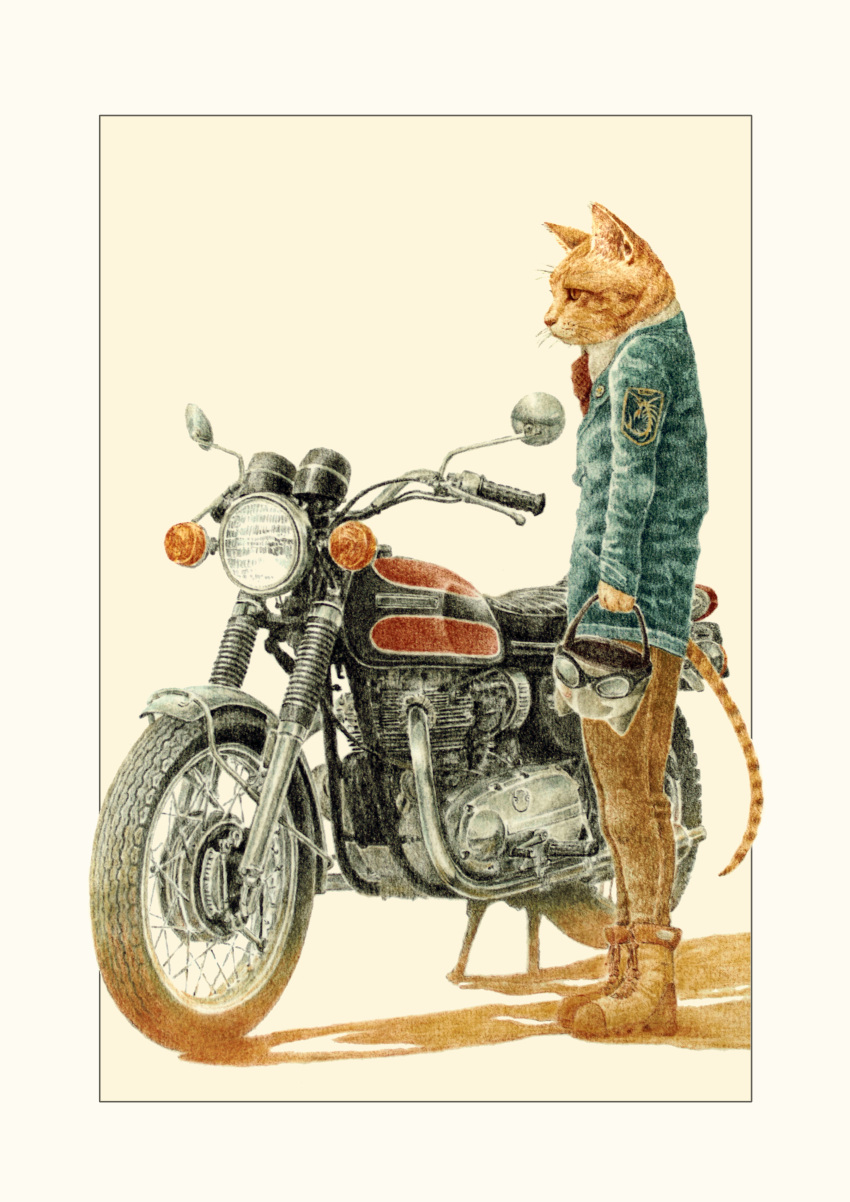 1other, absurdres, animal_ear_helmet, animal_ears, animal_helmet, black_eyes, blue_jacket, body_fur, boots, brown_boots, brown_fur, brown_pants, brown_sclera, cat_ears, cat_tail, collared_shirt, colored_pencil_(medium), colored_sclera, commentary_request, furry, goggles, goggles_on_headwear, helmet, highres, holding, holding_goggles, holding_unworn_helmet, jacket, kawasaki_(company), kawasaki_w650, kickstand, necktie, original, pants, realistic, red_necktie, shin_iroenpitsu, shirt, solo, standing, tail, traditional_media, unworn_headwear, unworn_helmet, vehicle_focus, white_helmet, white_shirt