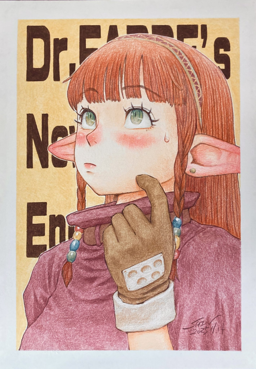 1girl, blunt_bangs, blush, border, braid, braided_sidelocks, brown_gloves, brown_hair