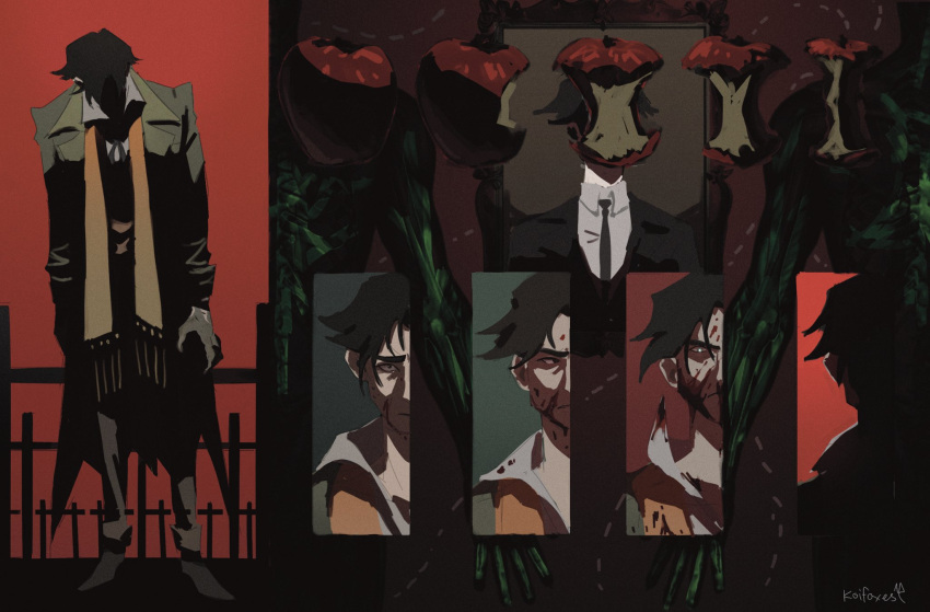 1other, apple, apple_core, artist_name, black_hair, black_necktie, blood, blood_on_clothes, blood_on_face, coat, cross, deadlock_(game), food, fruit, full_body, graveyard, green_coat, highres, koifoxes, looking_at_viewer, necktie, orange_scarf, picture_frame, pocket_(deadlock), scarf, short_hair, the_son_of_man_(magritte), tombstone