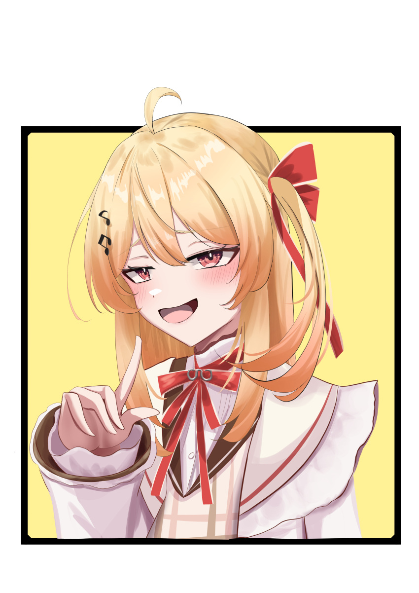 1girl, absurdres, ahoge, blonde_hair, blush, brown_jacket, dress, erimakie20, hair_ornament, hair_ribbon, highres, hololive, hololive_dev_is, jacket, long_hair, looking_at_viewer, musical_note, musical_note_hair_ornament, open_mouth, otonose_kanade, otonose_kanade_(1st_costume), red_eyes, red_ribbon, ribbon, smile, solo, very_long_hair, virtual_youtuber, white_background, white_dress, yellow_background