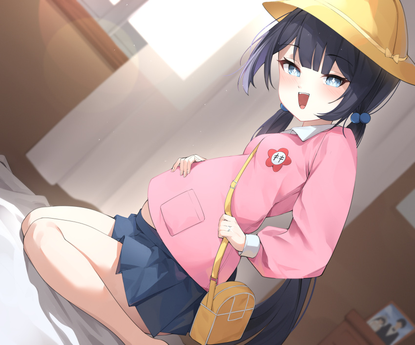 +_+, 1girl, absurdres, bag, blue_archive, blue_skirt, curtains, hair_bobbles