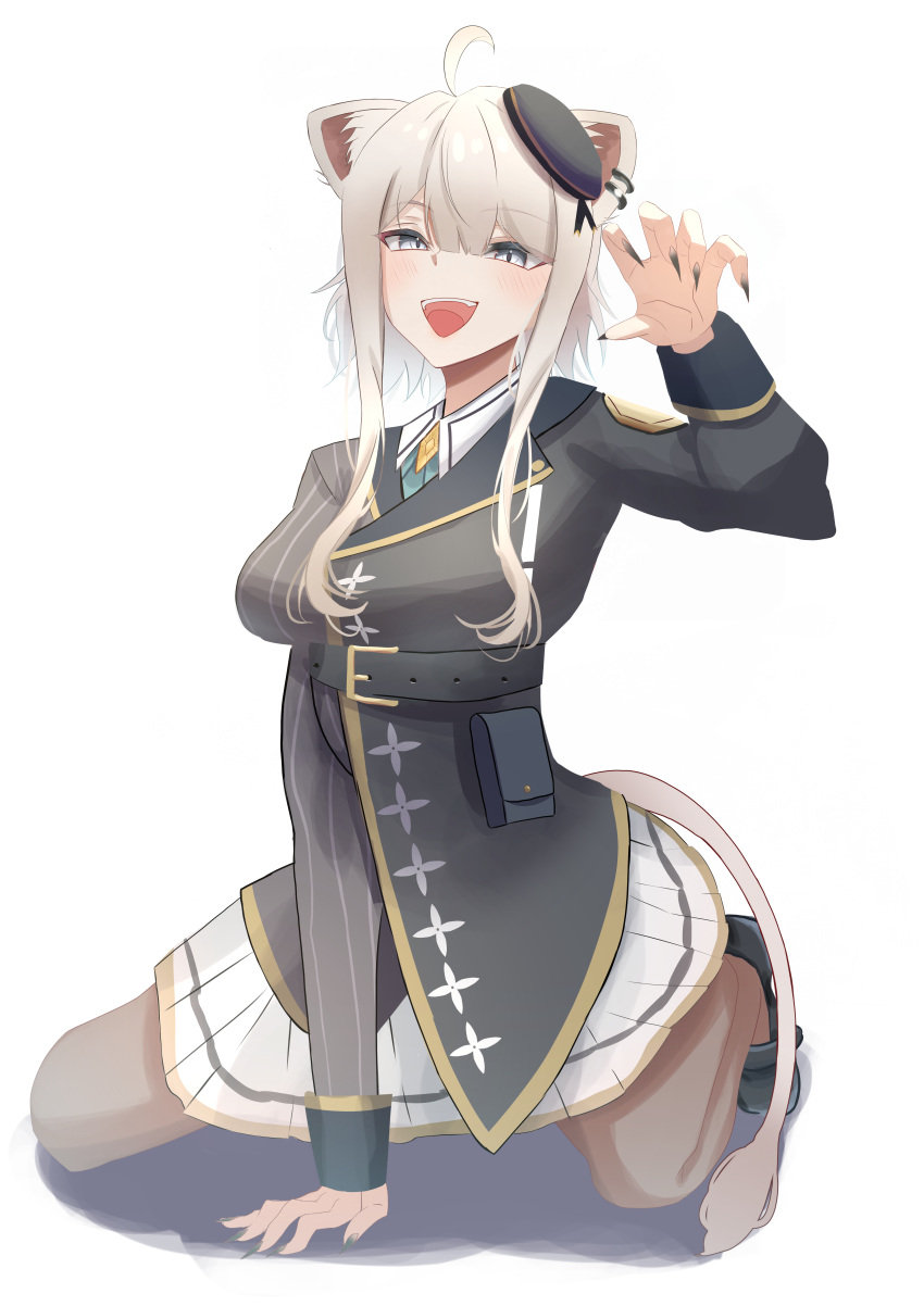 1girl, absurdres, alternate_hair_length_(shorter), animal_ears, beret, black_hat, black_jacket, black_nails, black_pantyhose, erimakie20, hat, highres, hololive, jacket, lion_ears, lion_girl, lion_tail, looking_at_viewer, nail_polish, official_alternate_costume, open_mouth, pantyhose, shirt, shishiro_botan, shishiro_botan_(7th_costume), short_hair, smile, solo, tail, virtual_youtuber, white_background, white_shirt